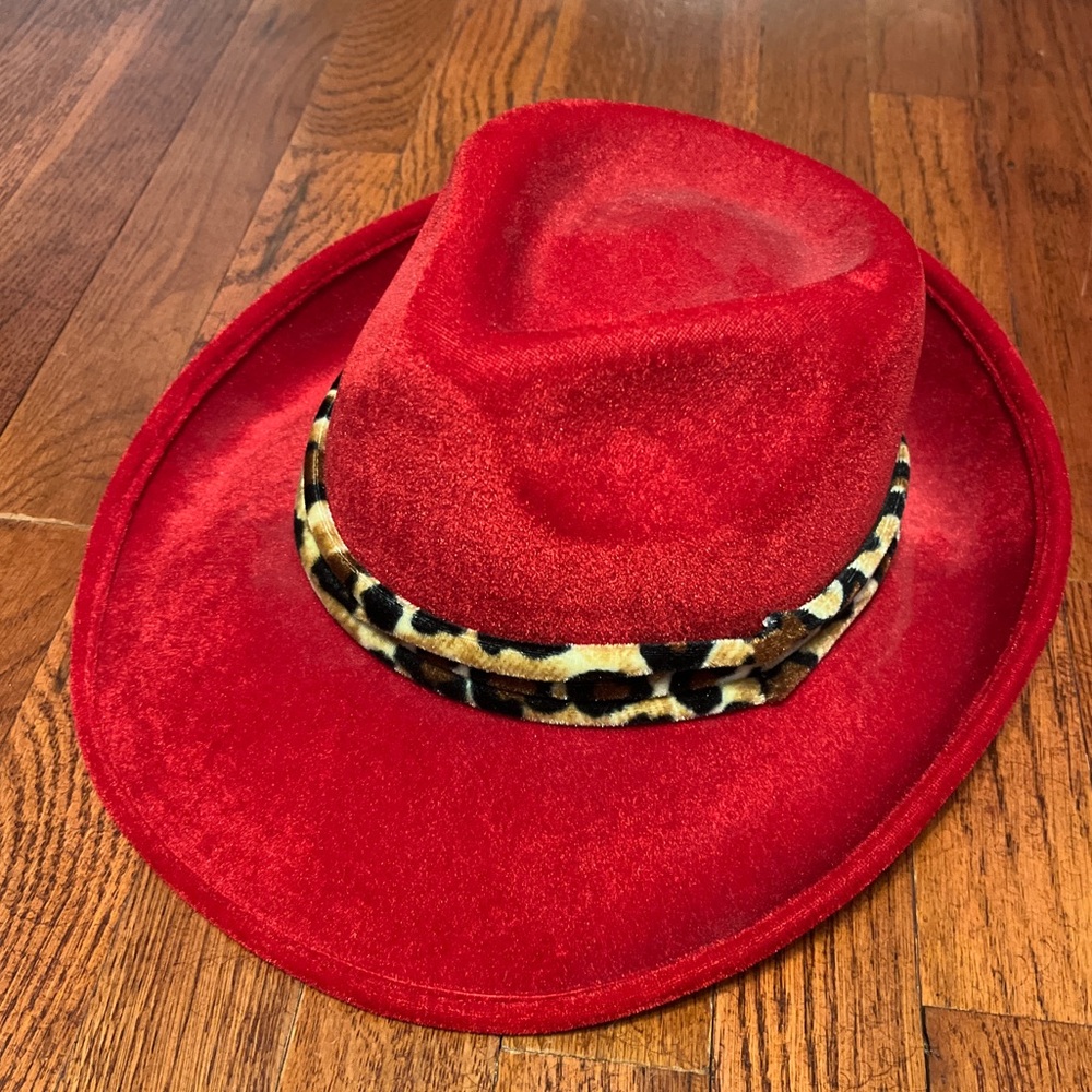 Red Fedora Hat with Leopard print band - for men or women halloween costume